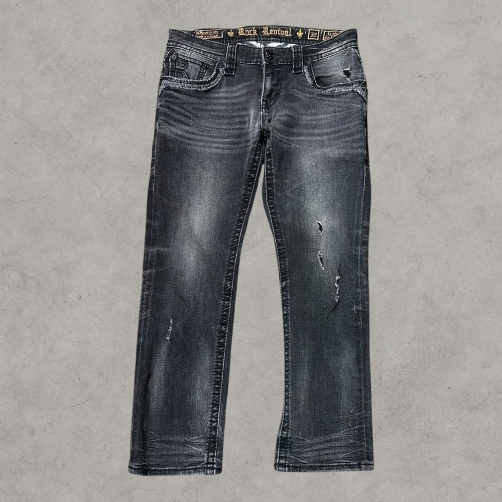 Rock Revival Jeans Men 32x30 Black Leeroy Slim Straight Embroider Leather Insert